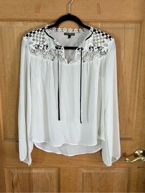 Express White Lace Yoke Blouse Size Small Sheer Long Sleeve Boho Top